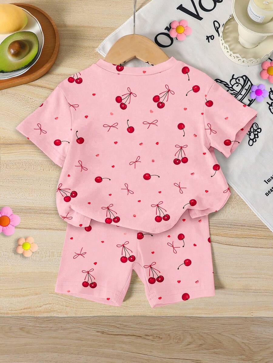 Lemon Fruit & Letter Print Short Sleeve Top and Shorts Set for Baby Girls