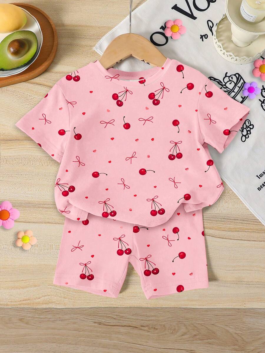 Lemon Fruit & Letter Print Short Sleeve Top and Shorts Set for Baby Girls