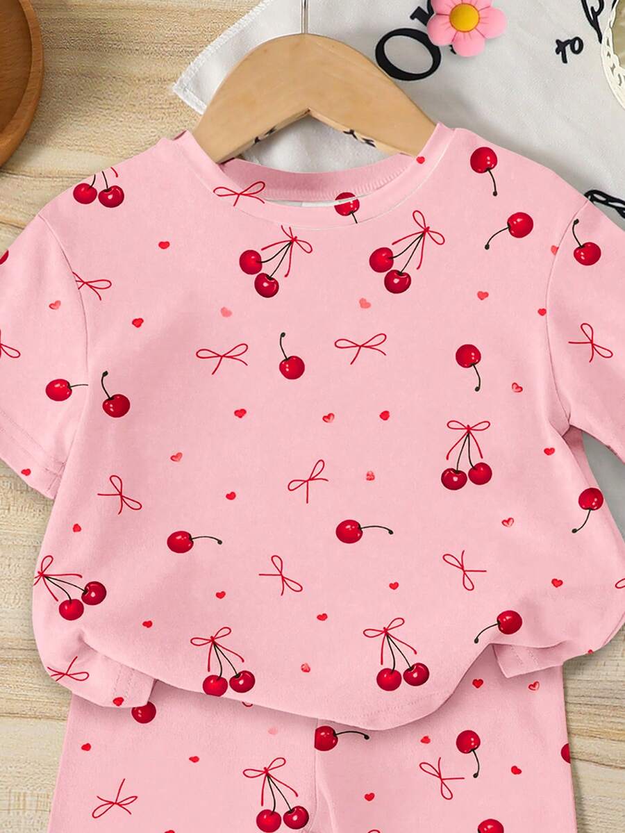 Lemon Fruit & Letter Print Short Sleeve Top and Shorts Set for Baby Girls