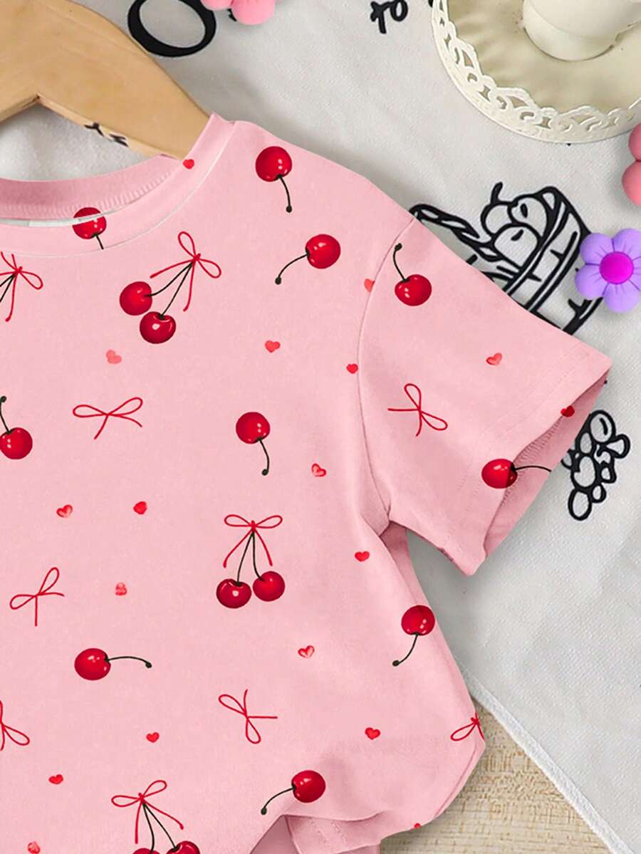 Lemon Fruit & Letter Print Short Sleeve Top and Shorts Set for Baby Girls