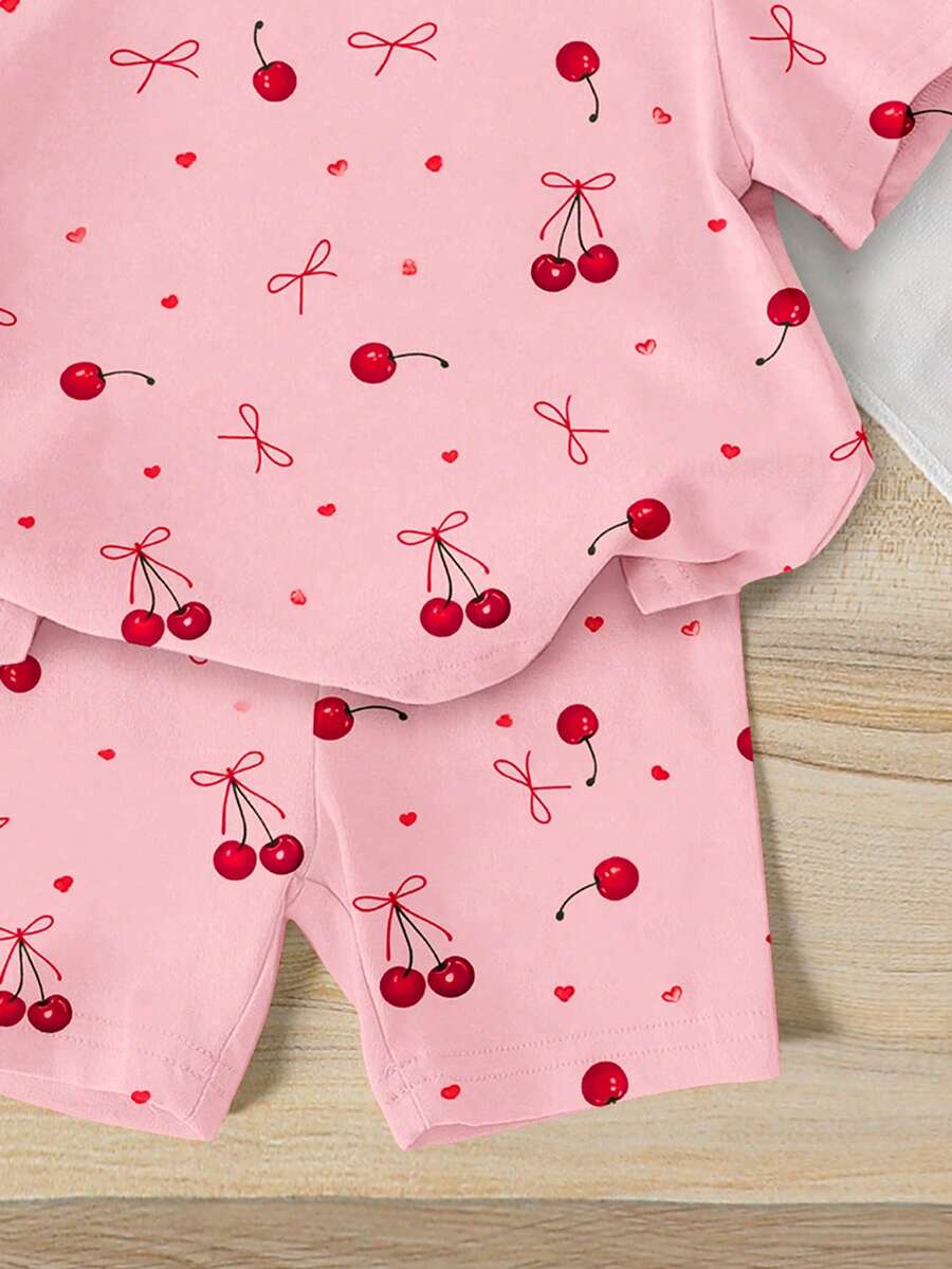 Lemon Fruit & Letter Print Short Sleeve Top and Shorts Set for Baby Girls