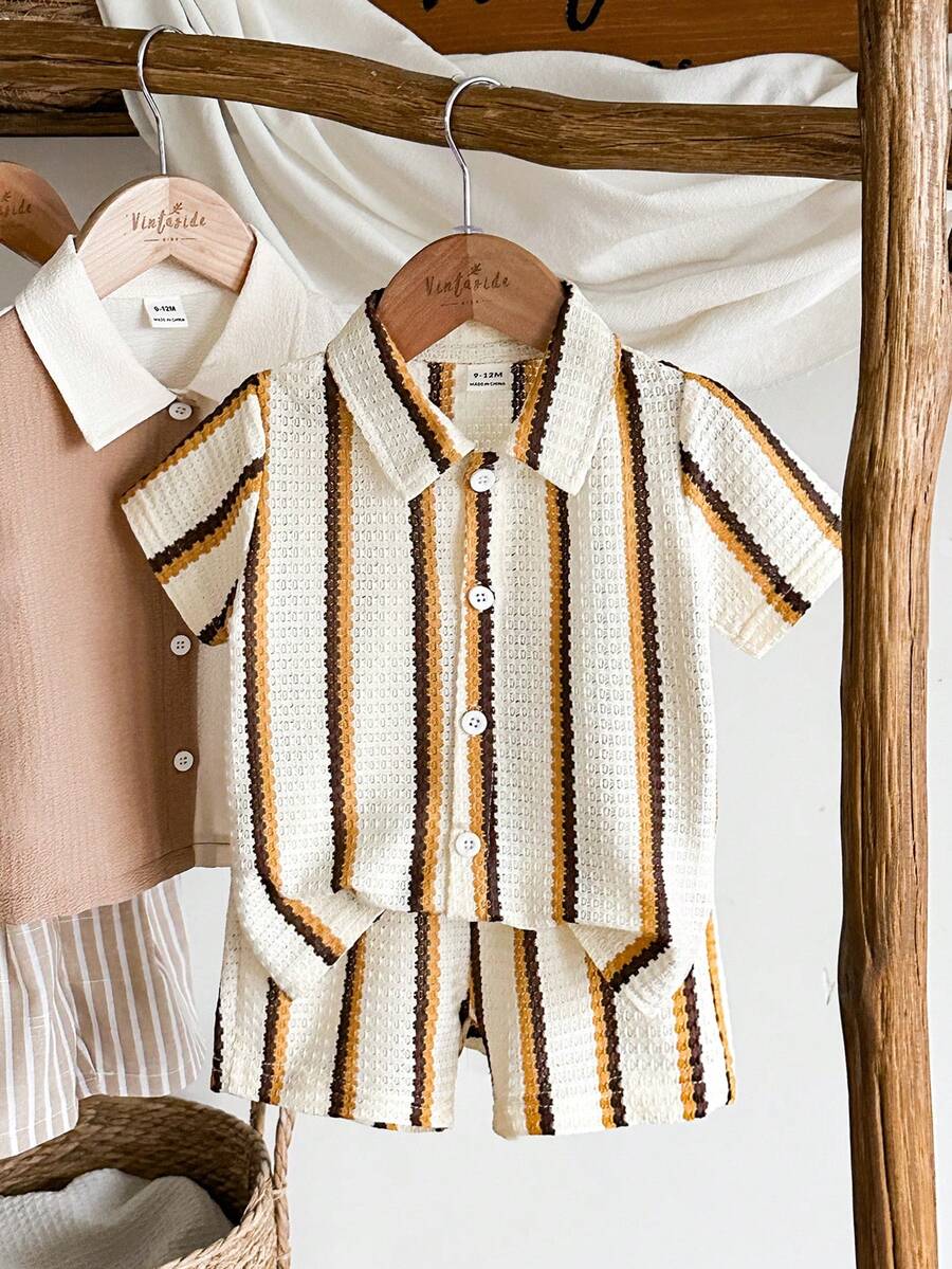 Infant Baby Boy Green White Striped Waffle Knit Polo Shirt and Shorts 2 Piece Casual Outfit Set