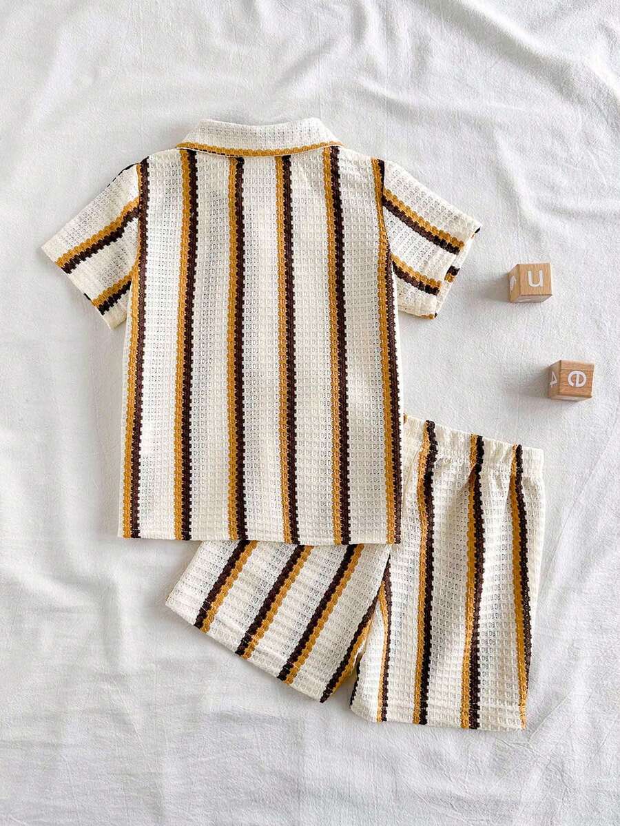 Infant Baby Boy Green White Striped Waffle Knit Polo Shirt and Shorts 2 Piece Casual Outfit Set