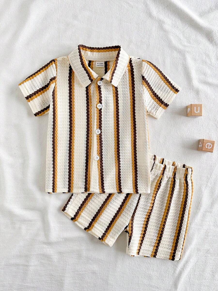 Infant Baby Boy Green White Striped Waffle Knit Polo Shirt and Shorts 2 Piece Casual Outfit Set