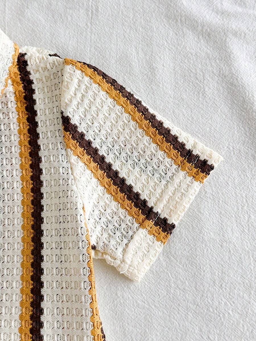 Infant Baby Boy Green White Striped Waffle Knit Polo Shirt and Shorts 2 Piece Casual Outfit Set