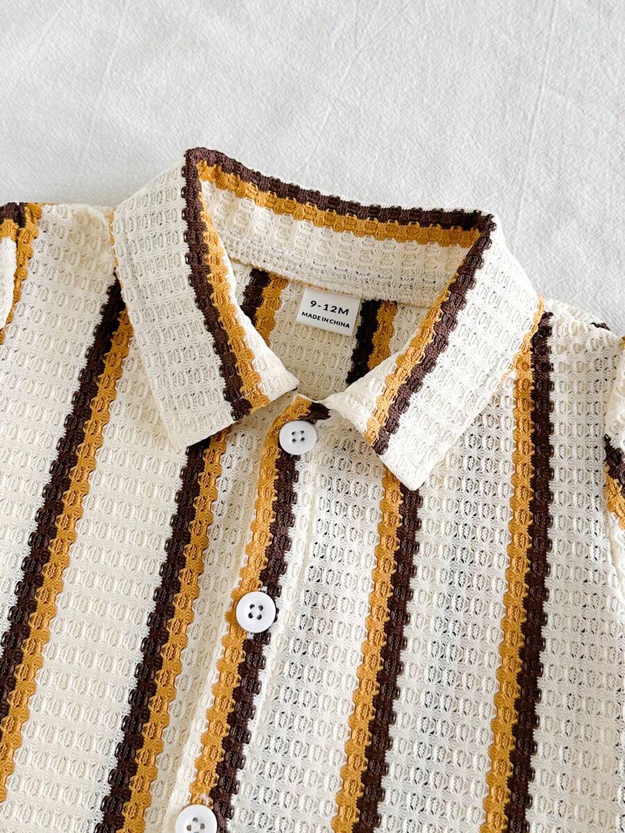 Infant Baby Boy Green White Striped Waffle Knit Polo Shirt and Shorts 2 Piece Casual Outfit Set