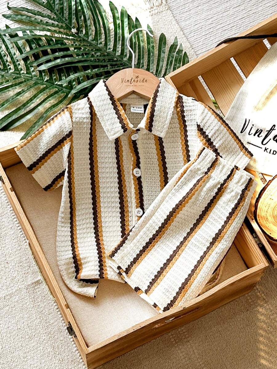 Infant Baby Boy Green White Striped Waffle Knit Polo Shirt and Shorts 2 Piece Casual Outfit Set