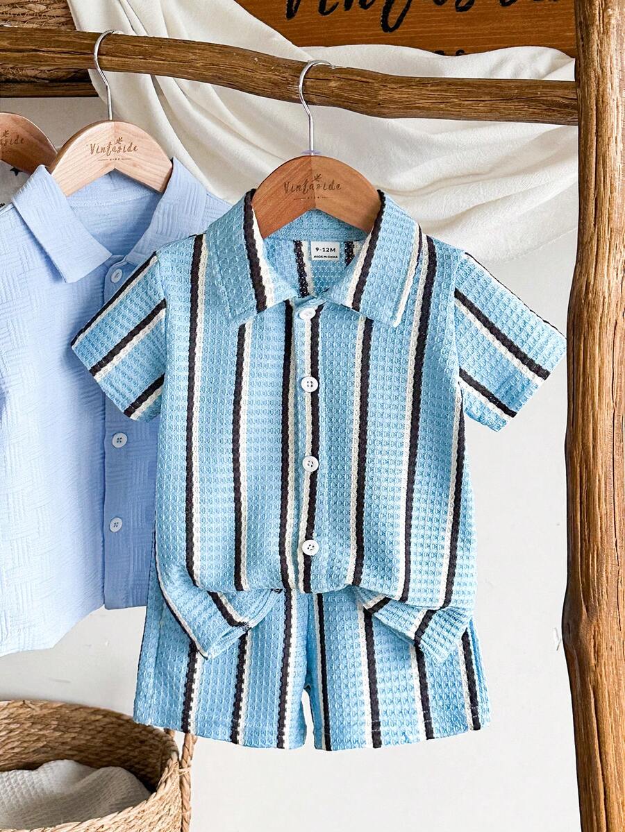 Infant Baby Boy Green White Striped Waffle Knit Polo Shirt and Shorts 2 Piece Casual Outfit Set