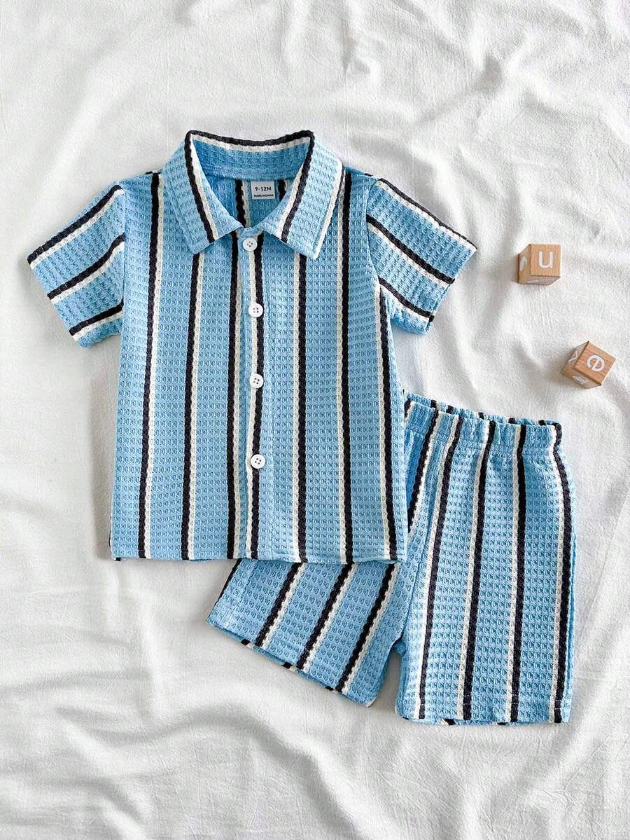 Infant Baby Boy Green White Striped Waffle Knit Polo Shirt and Shorts 2 Piece Casual Outfit Set