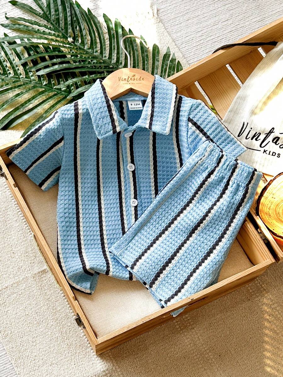 Infant Baby Boy Green White Striped Waffle Knit Polo Shirt and Shorts 2 Piece Casual Outfit Set