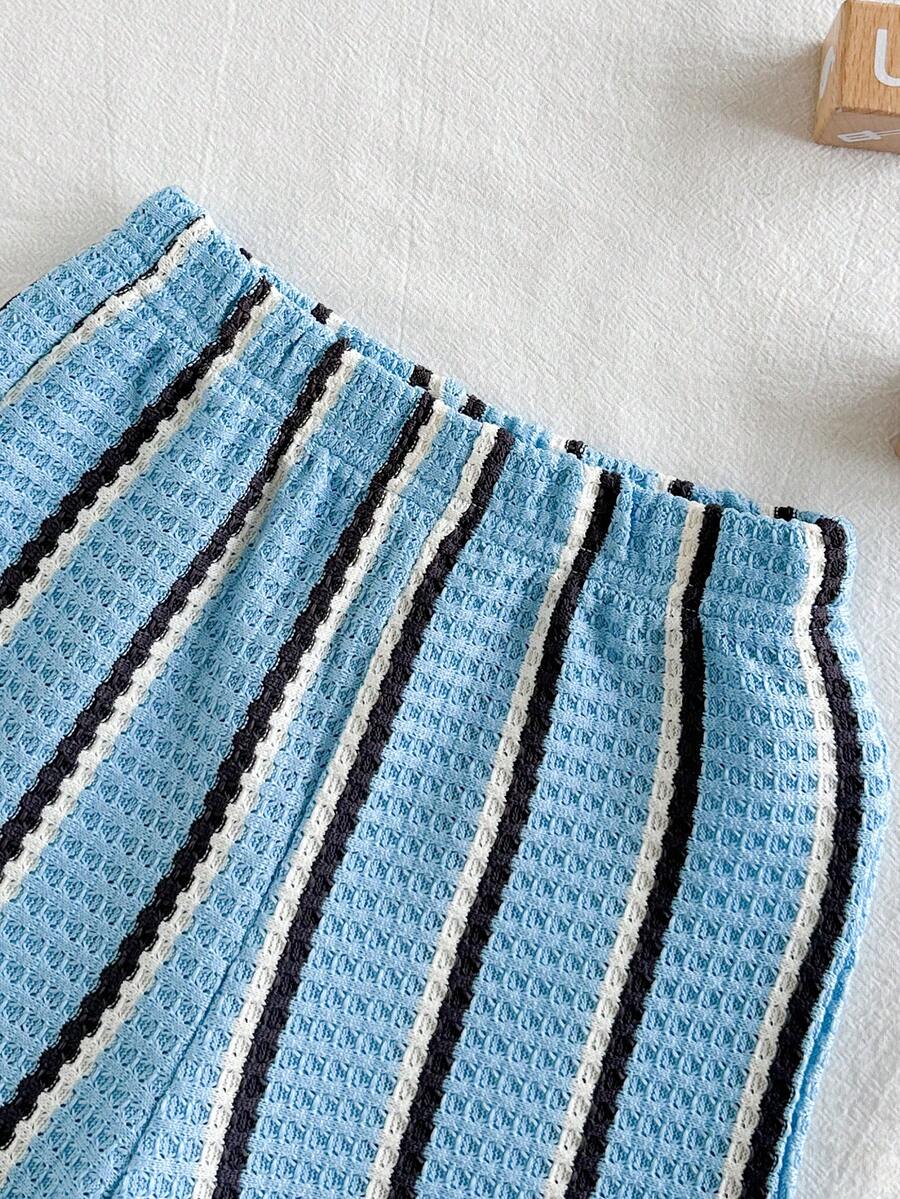 Infant Baby Boy Green White Striped Waffle Knit Polo Shirt and Shorts 2 Piece Casual Outfit Set