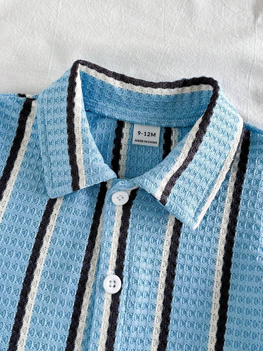 Infant Baby Boy Green White Striped Waffle Knit Polo Shirt and Shorts 2 Piece Casual Outfit Set