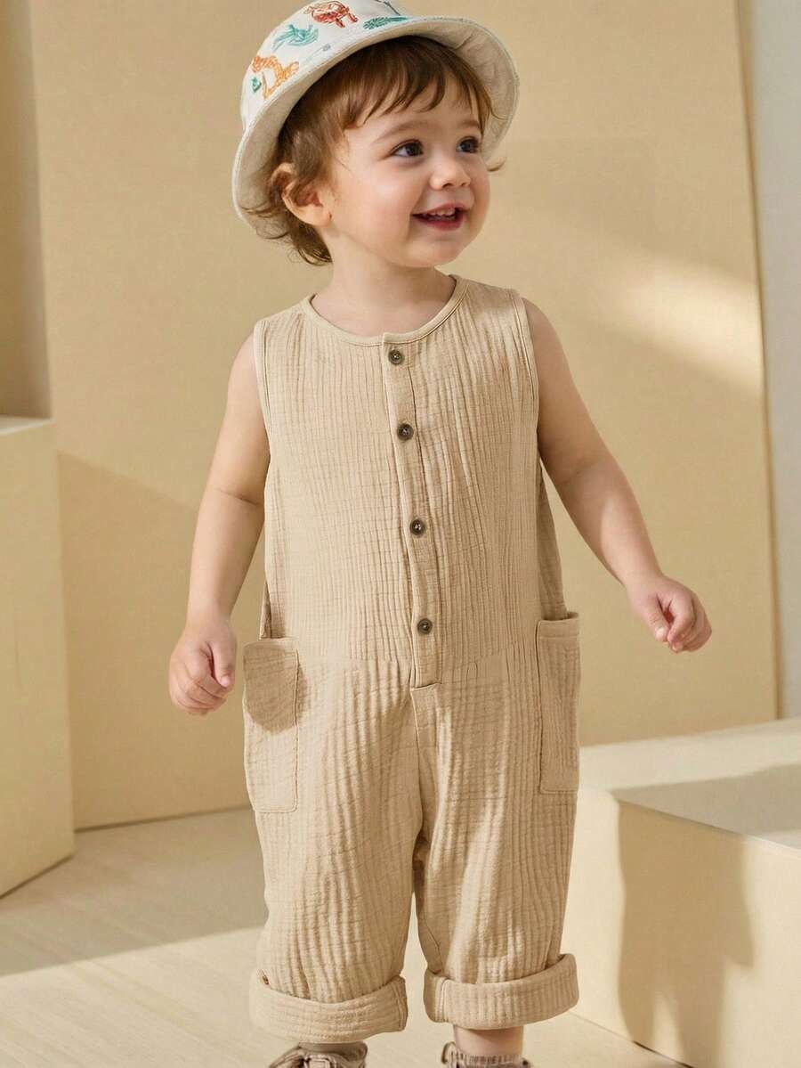Unisex Newborn Baby Apricot Striped Sleeveless Romper Casual Spring Summer Vacation Outfit