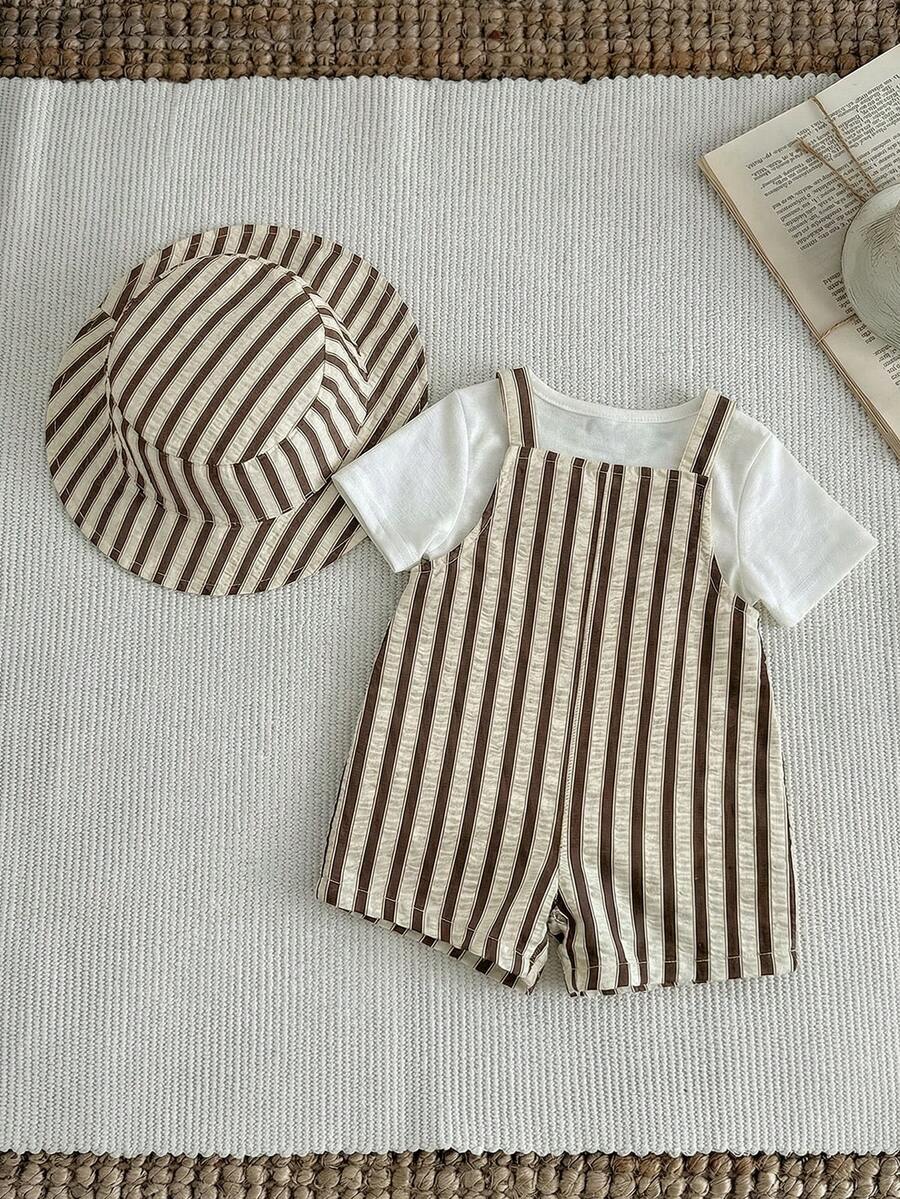 Baby Striped Bib Overalls and Bucket Hat 2 Piece Casual Summer Beach Outfit Set