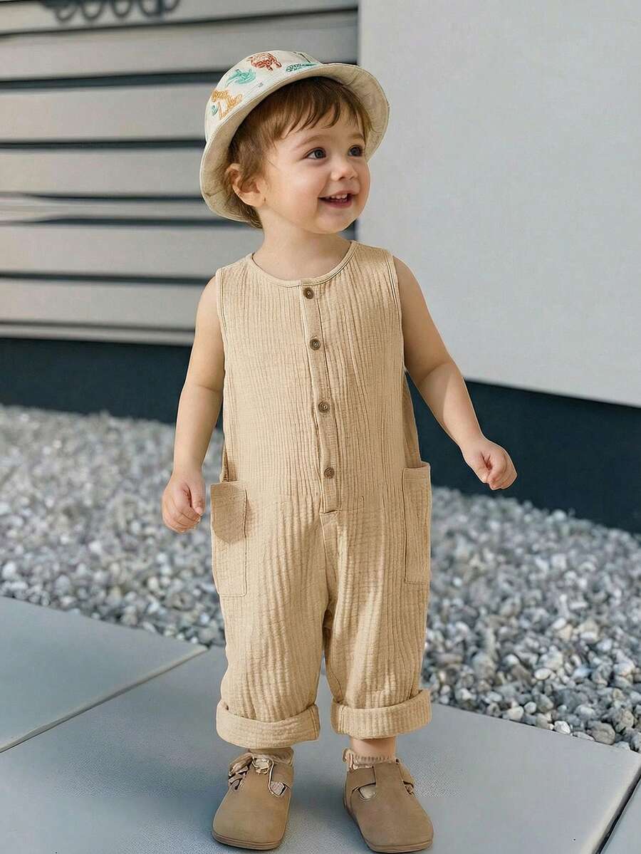 Unisex Newborn Baby Apricot Striped Sleeveless Romper Casual Spring Summer Vacation Outfit