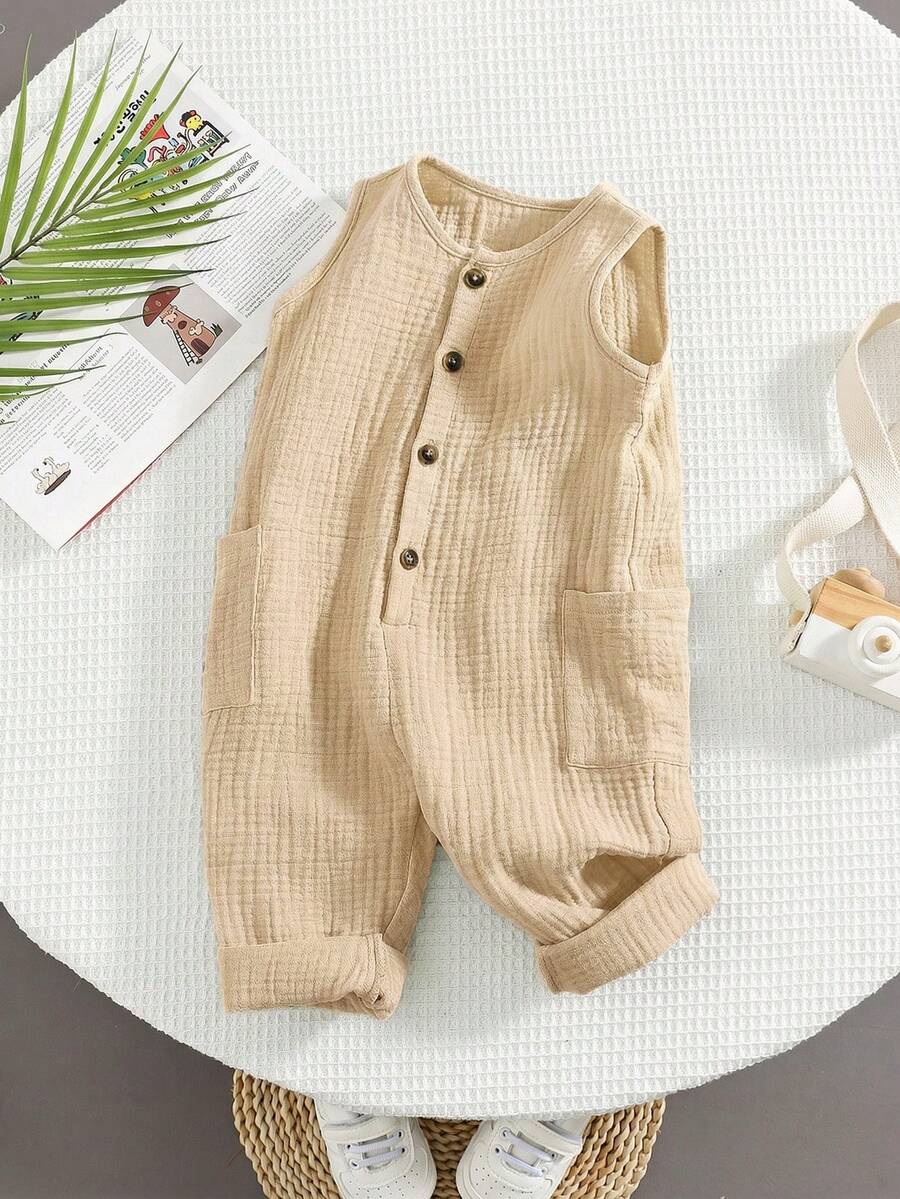Unisex Newborn Baby Apricot Striped Sleeveless Romper Casual Spring Summer Vacation Outfit
