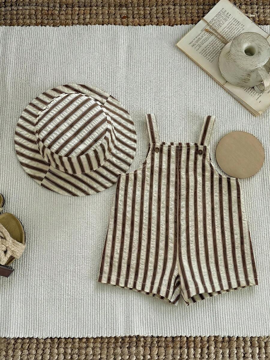 Baby Striped Bib Overalls and Bucket Hat 2 Piece Casual Summer Beach Outfit Set
