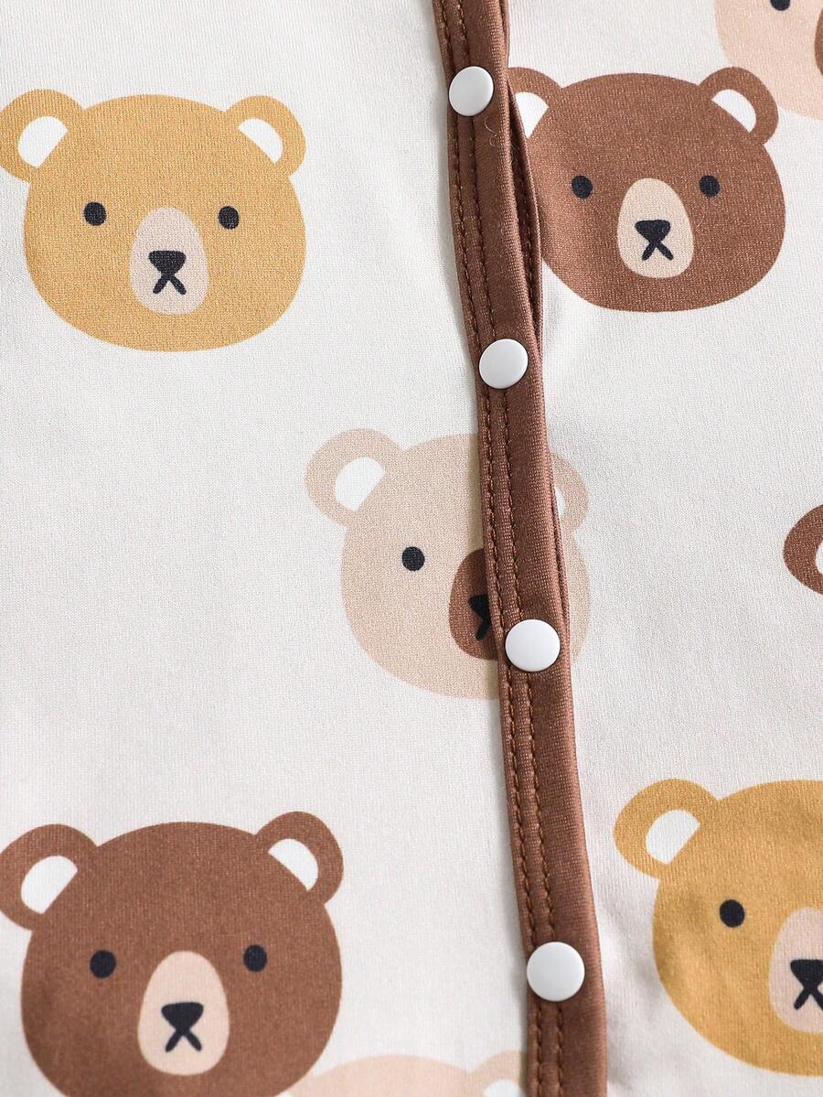 4pcs Newborn Bear Print Footie Pajama Set Long Sleeve Romper and Pants Outfit for Baby Boys and Girls