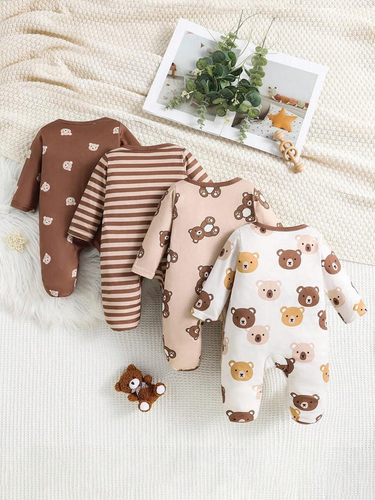 4pcs Newborn Bear Print Footie Pajama Set Long Sleeve Romper and Pants Outfit for Baby Boys and Girls