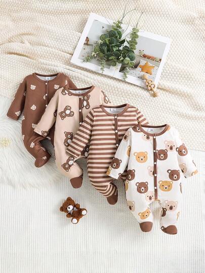 4pcs Newborn Bear Print Footie Pajama Set Long Sleeve Romper and Pants Outfit for Baby Boys and Girls