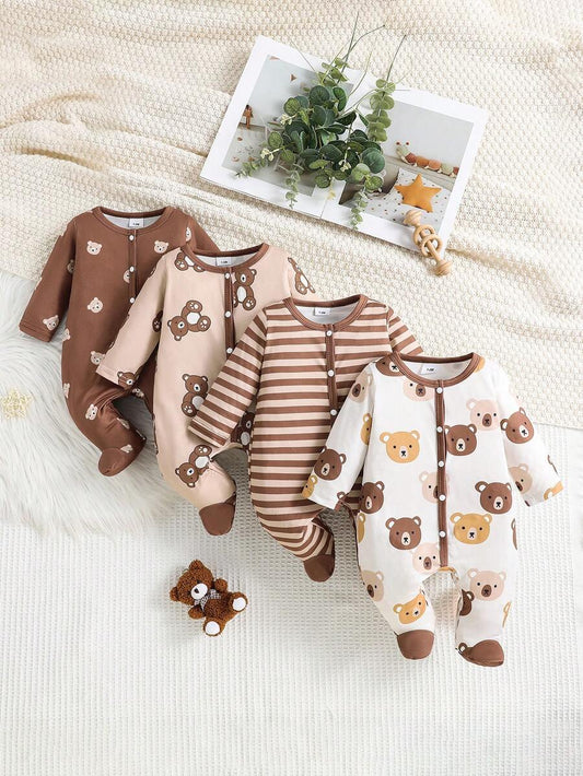 4pcs Newborn Bear Print Footie Pajama Set Long Sleeve Romper and Pants Outfit for Baby Boys and Girls