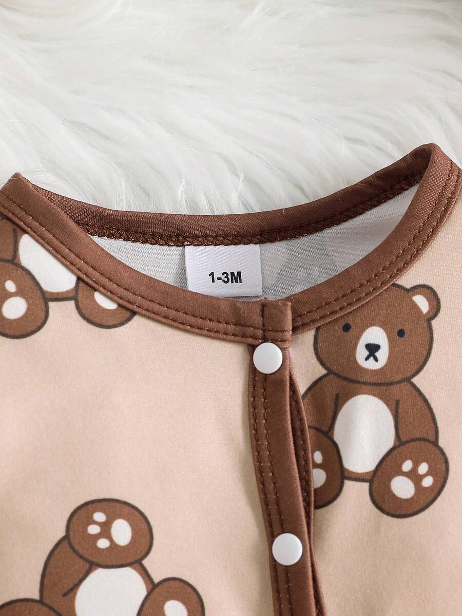 4pcs Newborn Bear Print Footie Pajama Set Long Sleeve Romper and Pants Outfit for Baby Boys and Girls