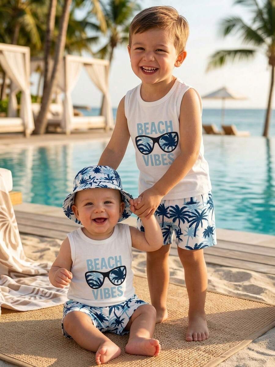 Baby Boy Letter Print Top Coconut Tree Print Shorts and Hat 3 Piece Summer Beach Vacation Outfit Set