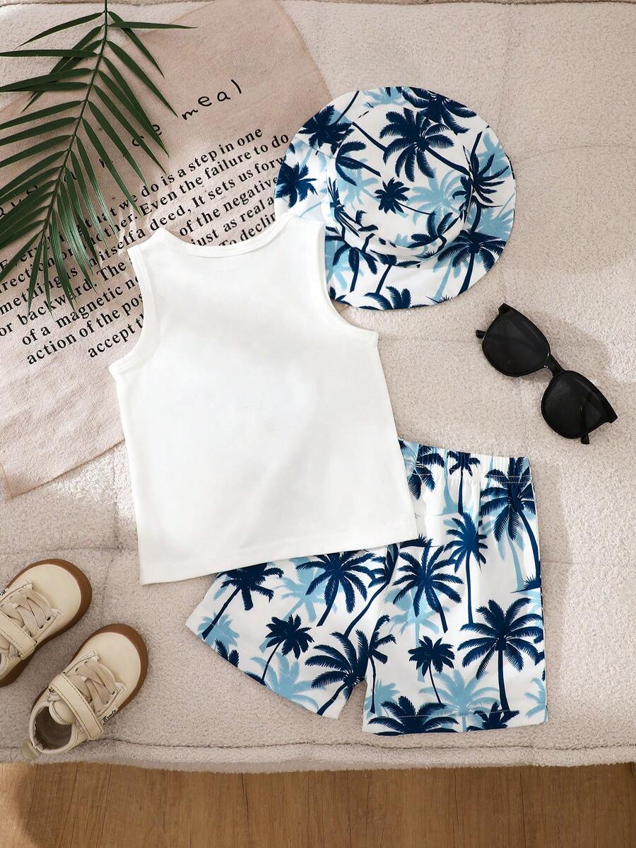 Baby Boy Letter Print Top Coconut Tree Print Shorts and Hat 3 Piece Summer Beach Vacation Outfit Set