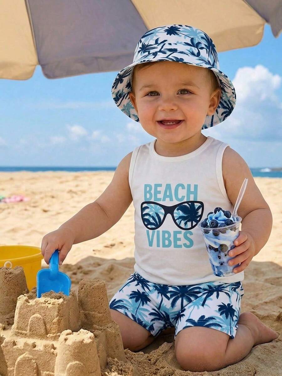 Baby Boy Letter Print Top Coconut Tree Print Shorts and Hat 3 Piece Summer Beach Vacation Outfit Set