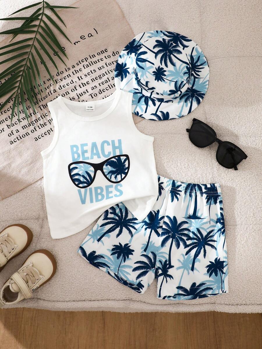 Baby Boy Letter Print Top Coconut Tree Print Shorts and Hat 3 Piece Summer Beach Vacation Outfit Set