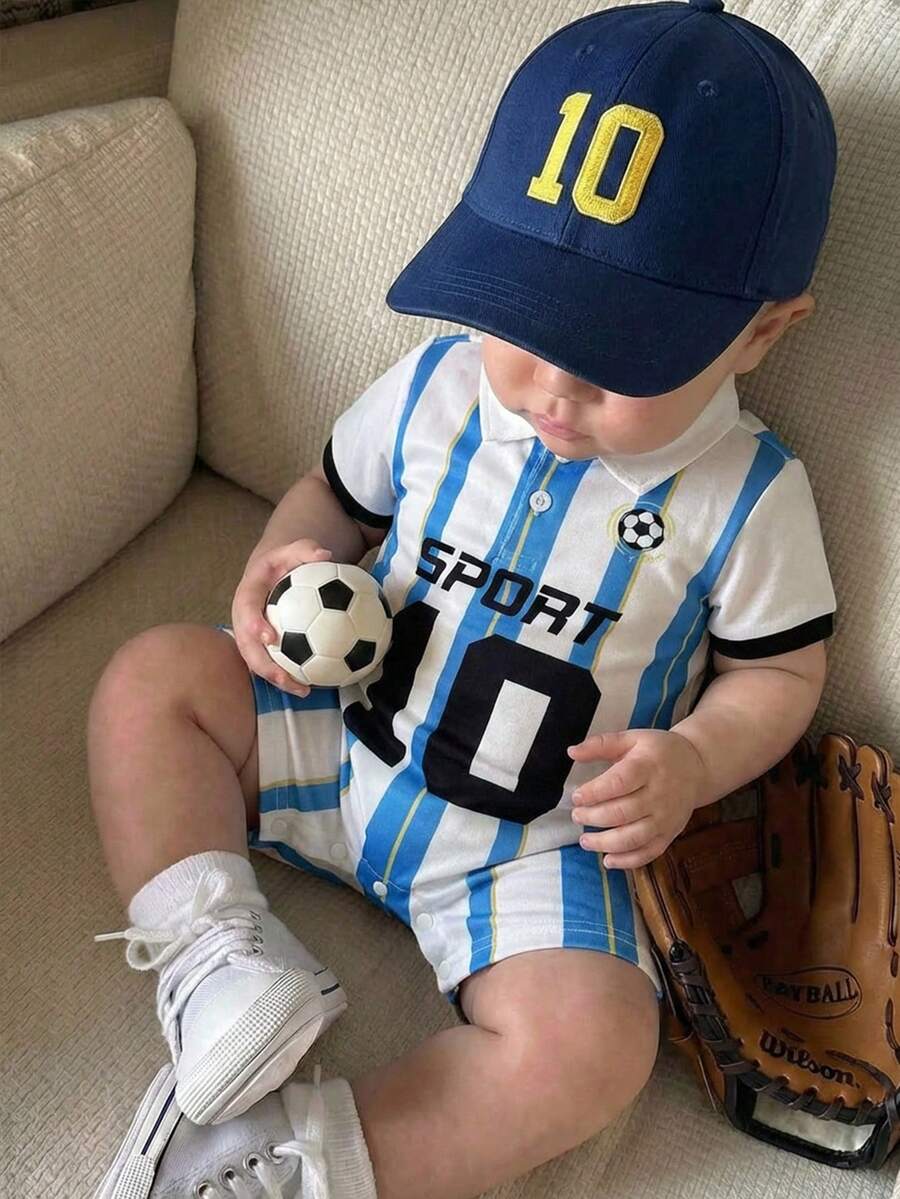 Unisex Newborn Baby Contrast Color Jacquard Polo Collar Half Zip Short Sleeve Jumpsuit Summer Outfit