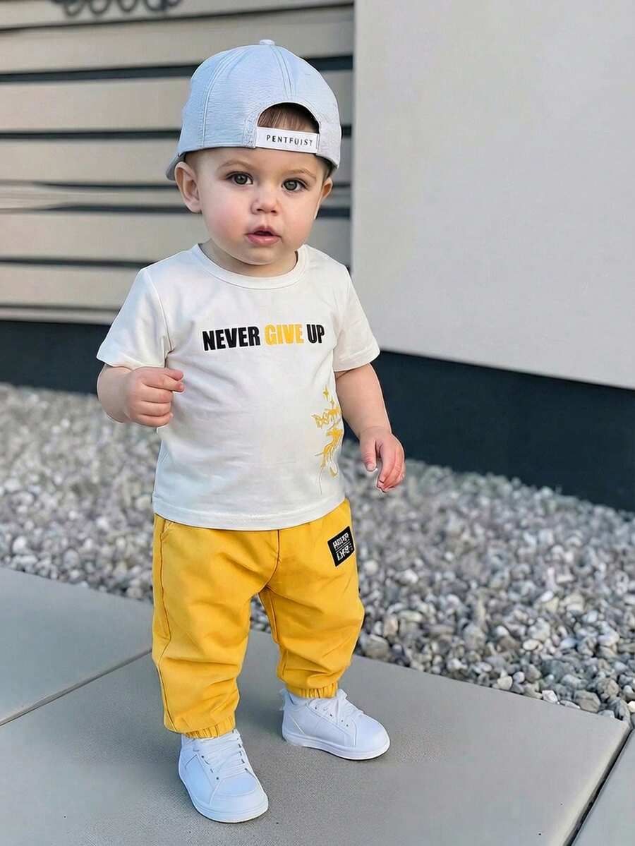 Baby Boy Letter Print T Shirt and Large Pocket Pants 2 Piece Casual Outfit Set for Spring Summer Autumn