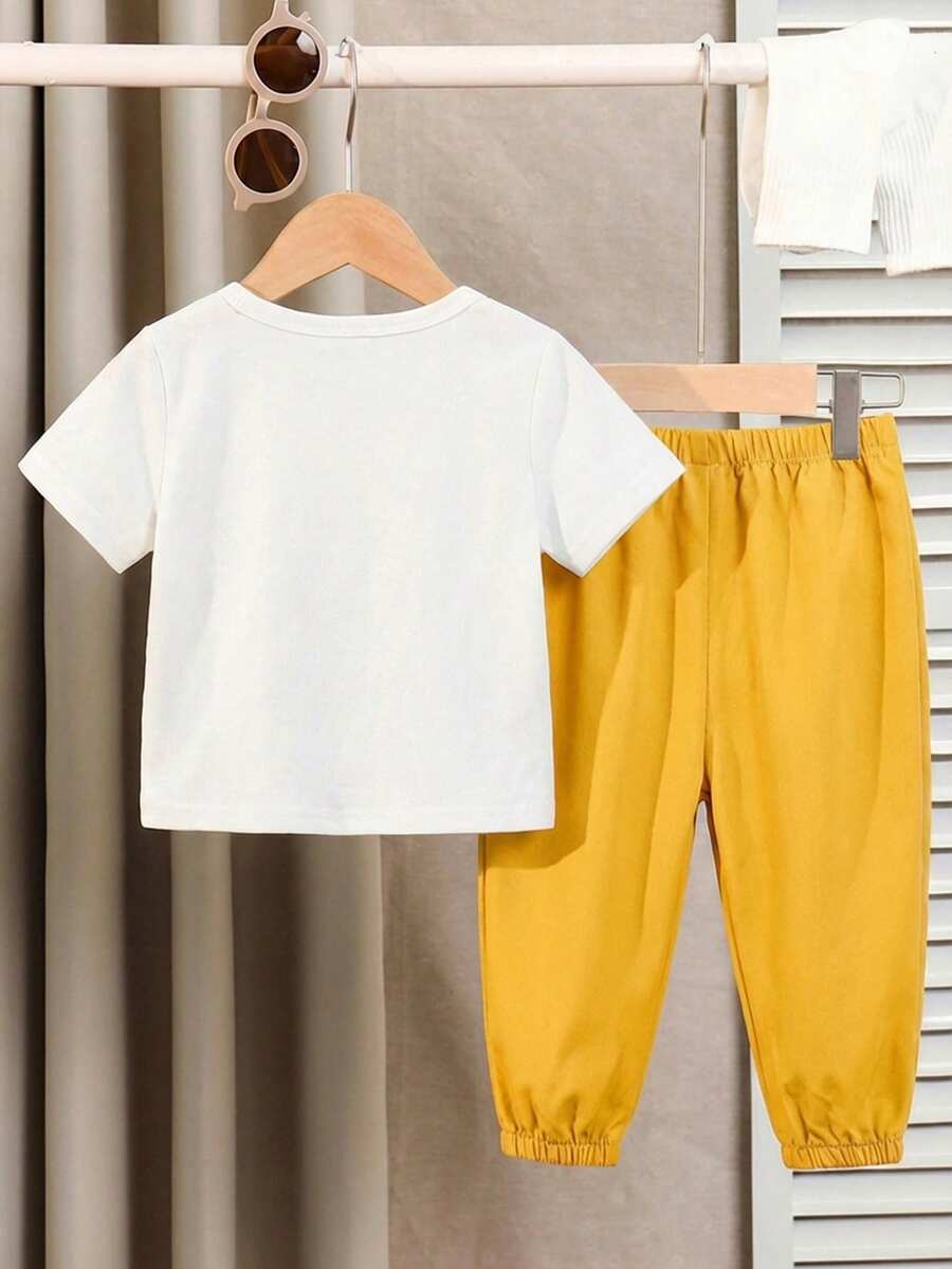 Baby Boy Letter Print T Shirt and Large Pocket Pants 2 Piece Casual Outfit Set for Spring Summer Autumn