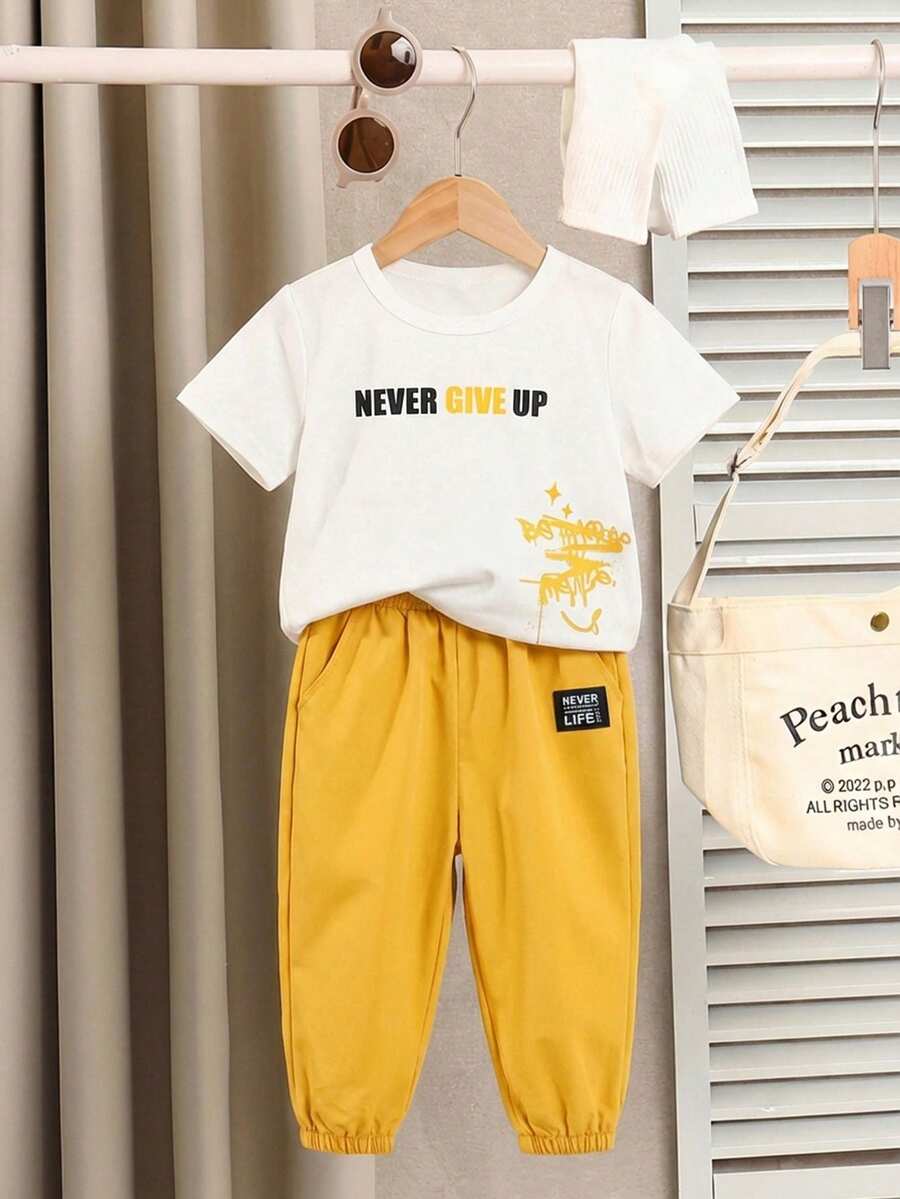 Baby Boy Letter Print T Shirt and Large Pocket Pants 2 Piece Casual Outfit Set for Spring Summer Autumn