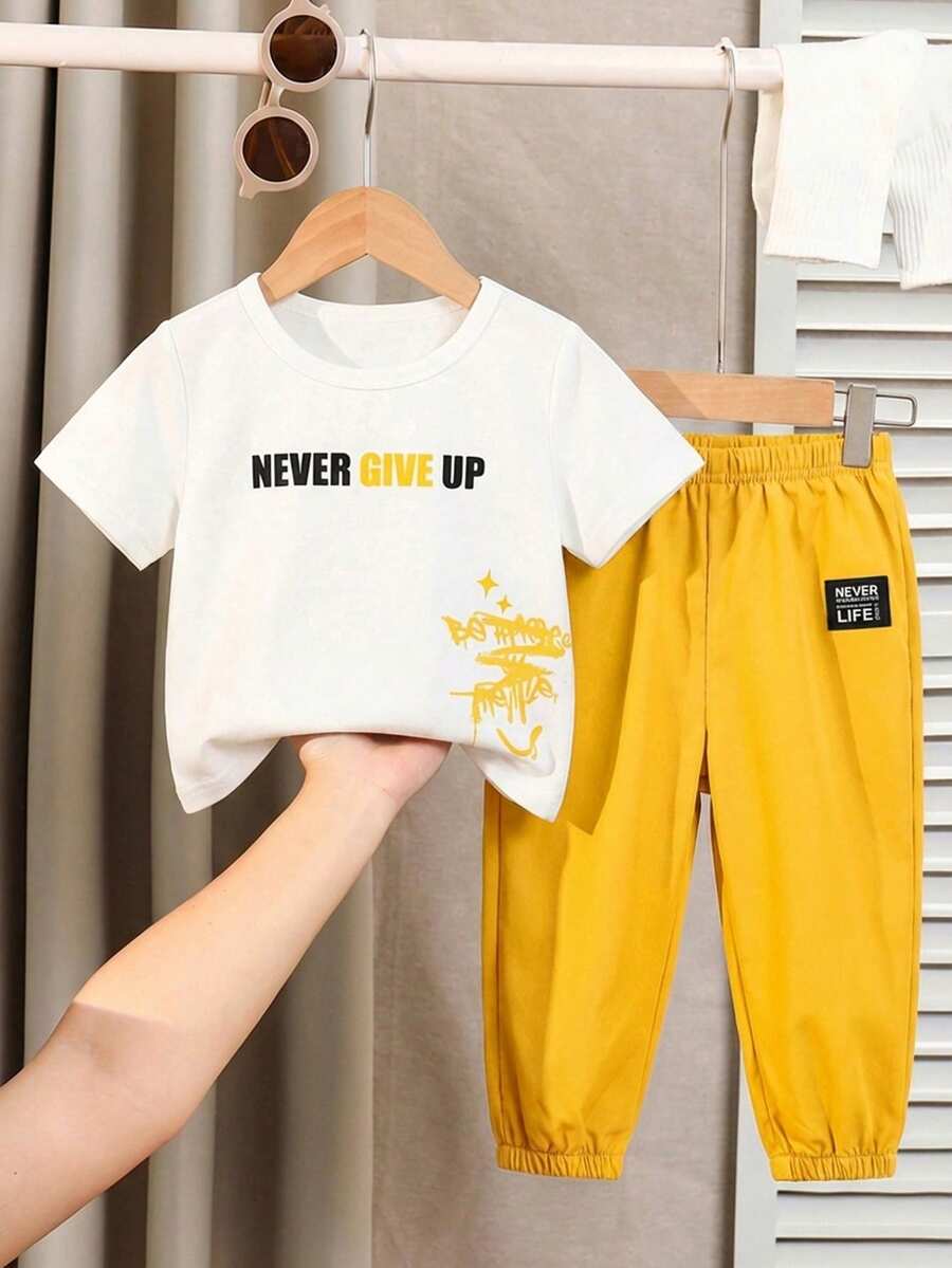 Baby Boy Letter Print T Shirt and Large Pocket Pants 2 Piece Casual Outfit Set for Spring Summer Autumn