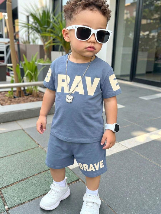 Baby Boy Brave Text Graphic Print T Shirt and Shorts Casual Summer Outfit Set