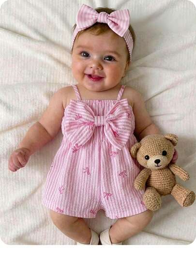 Baby Pink Striped Bow Strap Romper for Cute Summer Vacation Daily Wear