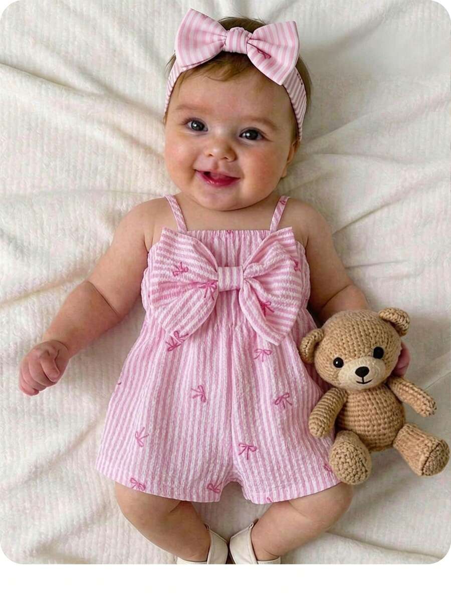 Baby Pink Striped Bow Strap Romper for Cute Summer Vacation Daily Wear