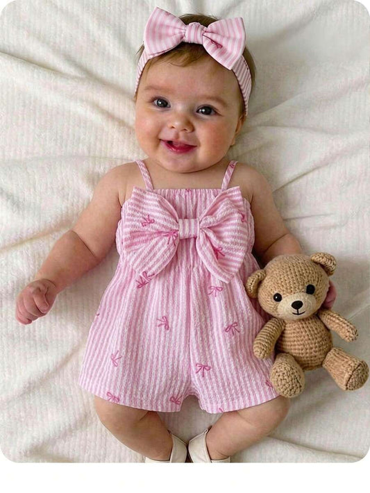 Baby Pink Striped Bow Strap Romper for Cute Summer Vacation Daily Wear