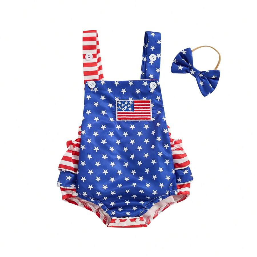 Infant 4th of July Jumpsuit with Flag Embroidery Sleeveless Square Neck Romper