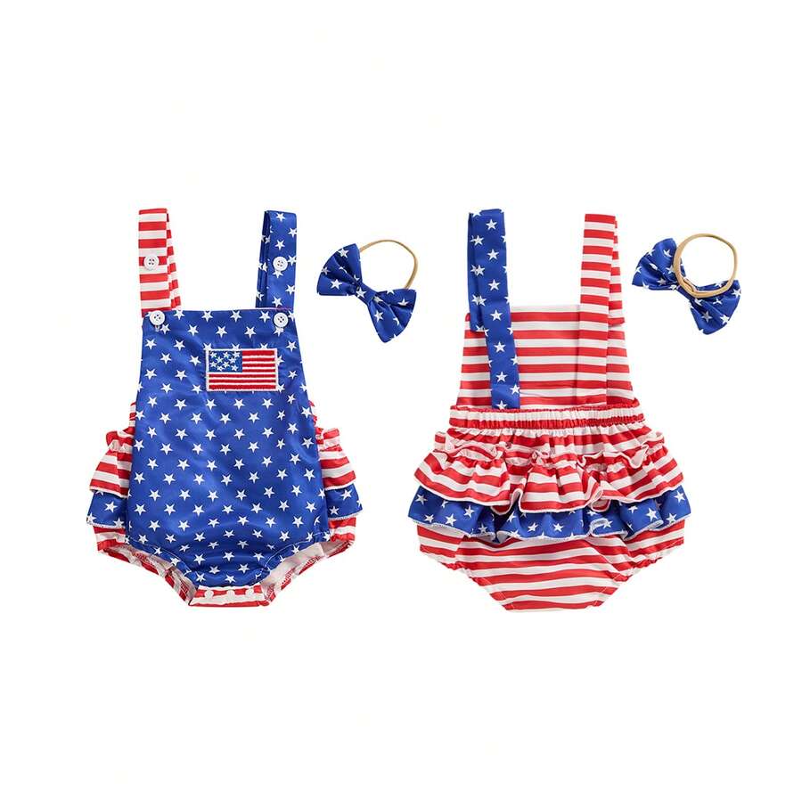 Infant 4th of July Jumpsuit with Flag Embroidery Sleeveless Square Neck Romper
