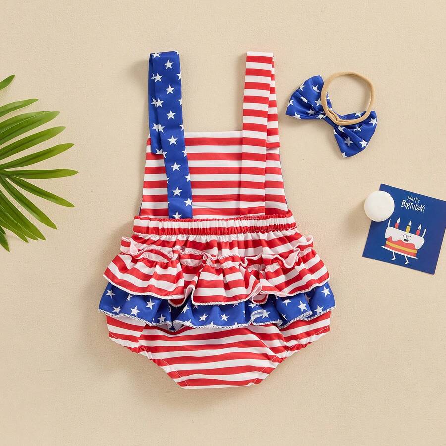 Infant 4th of July Jumpsuit with Flag Embroidery Sleeveless Square Neck Romper