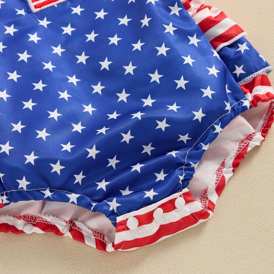 Infant 4th of July Jumpsuit with Flag Embroidery Sleeveless Square Neck Romper