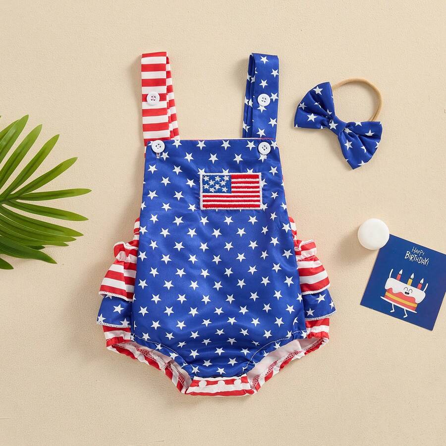 Infant 4th of July Jumpsuit with Flag Embroidery Sleeveless Square Neck Romper
