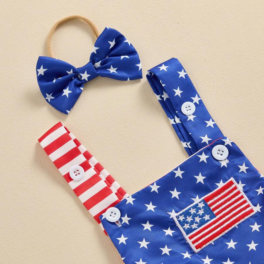 Infant 4th of July Jumpsuit with Flag Embroidery Sleeveless Square Neck Romper