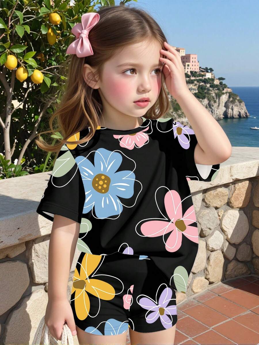 Vacation Ready Floral Print Set For Baby Girls With Tee And Shorts