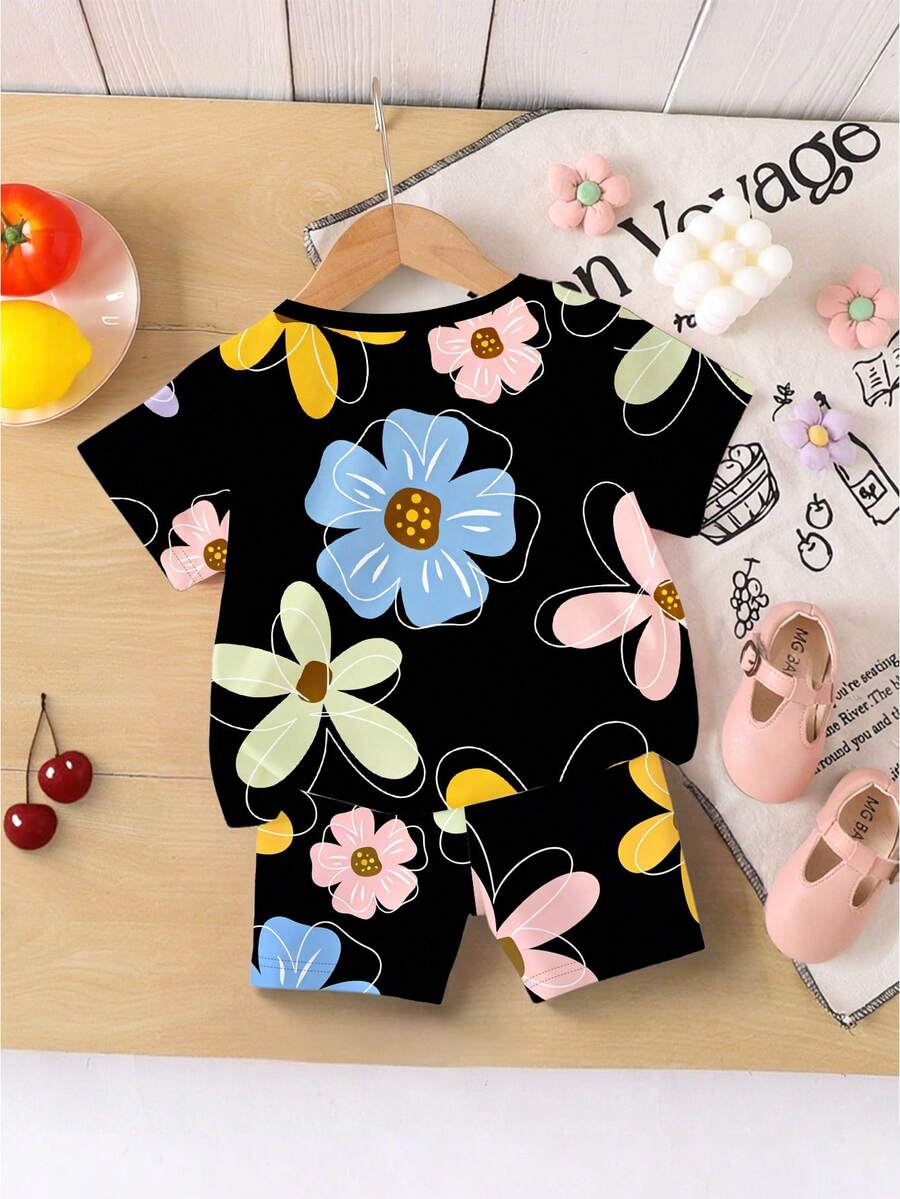 Vacation Ready Floral Print Set For Baby Girls With Tee And Shorts