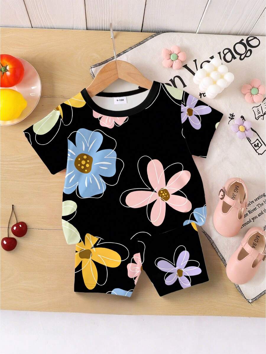 Vacation Ready Floral Print Set For Baby Girls With Tee And Shorts