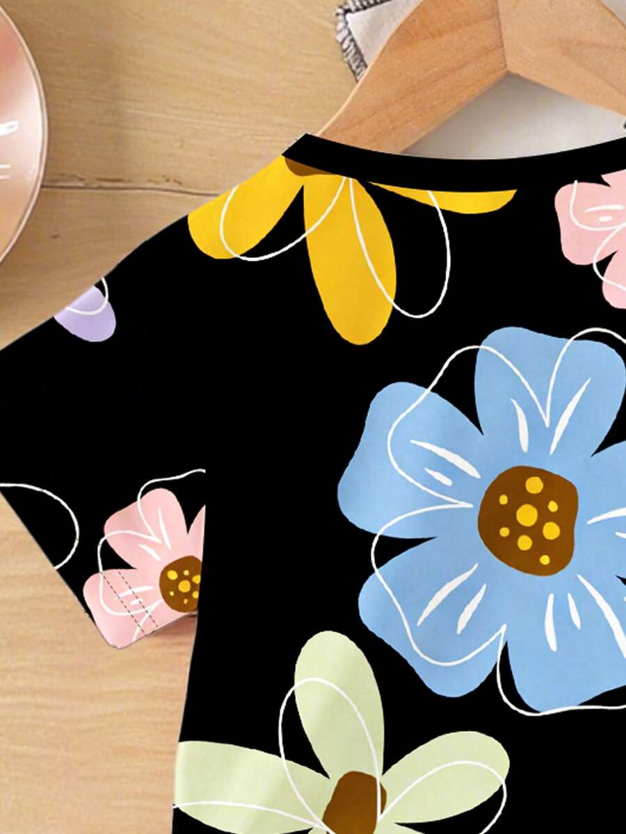 Vacation Ready Floral Print Set For Baby Girls With Tee And Shorts