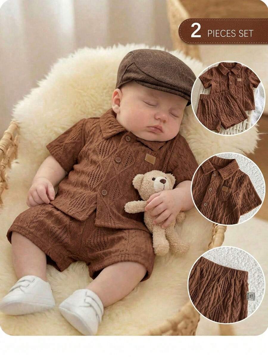 Baby Boy 2pcs Knit Jacquard Summer Set - Short Sleeve Shirt & Elastic Shorts
